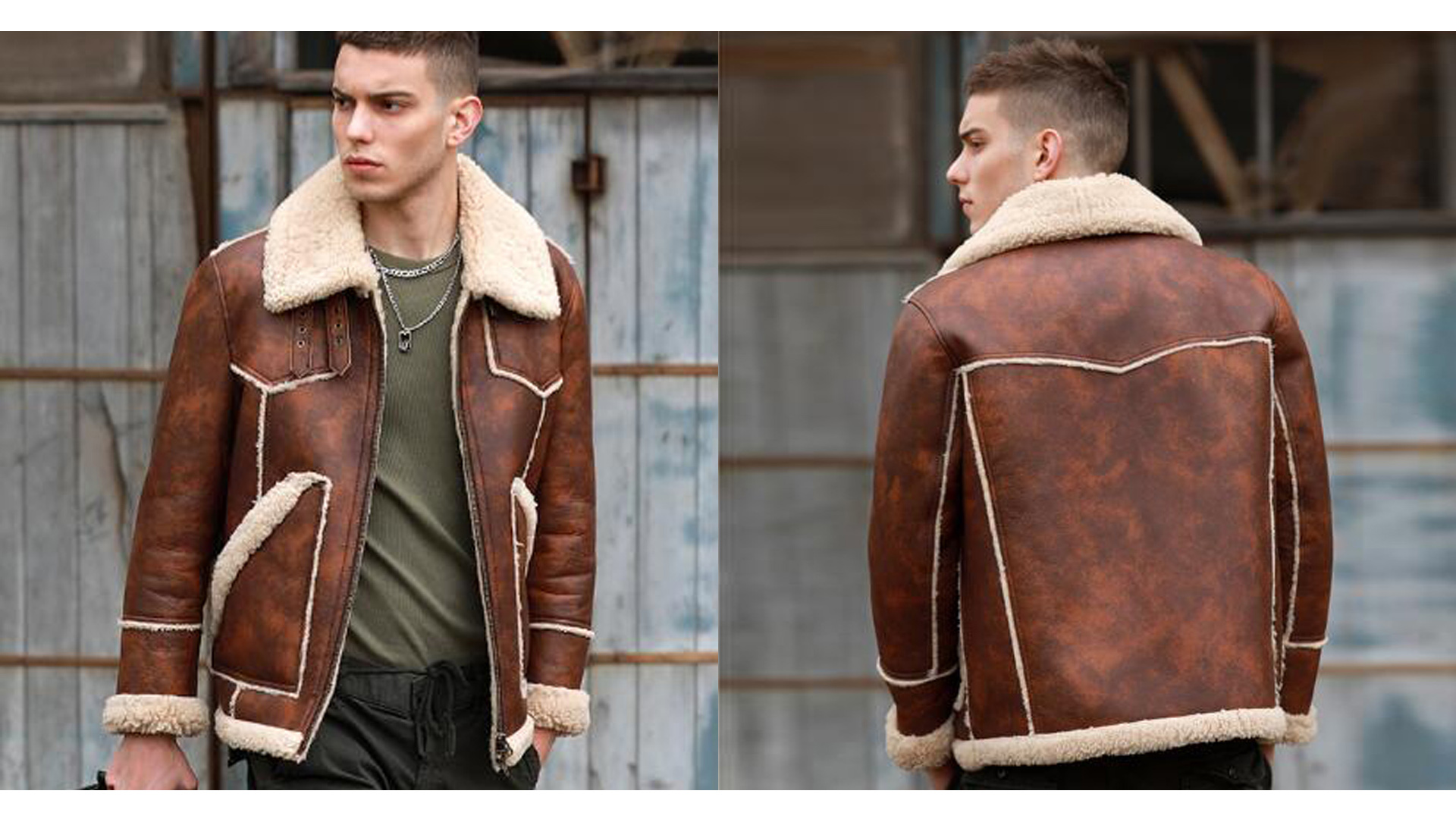 Denny&Dora Men's Shearling Jacket Aviator Flight Jacket Brown